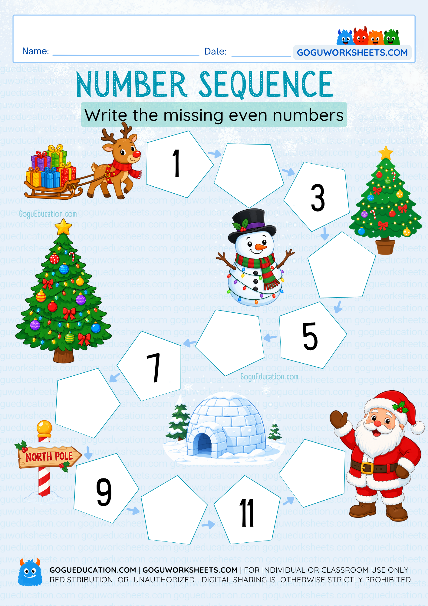 Printable Christmas worksheet where children complete a number sequence by filling in the missing even numbers