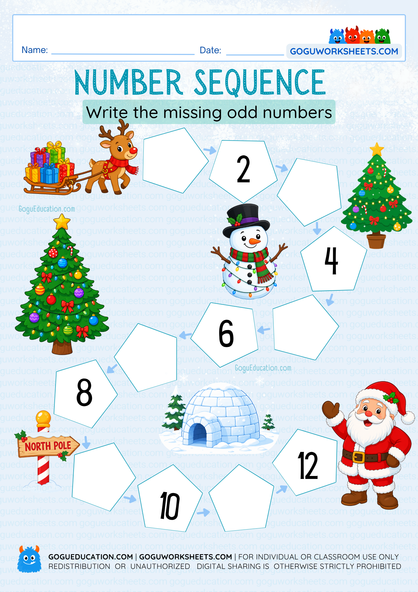 Printable Christmas worksheet where children complete a number sequence by filling in the missing odd numbers..