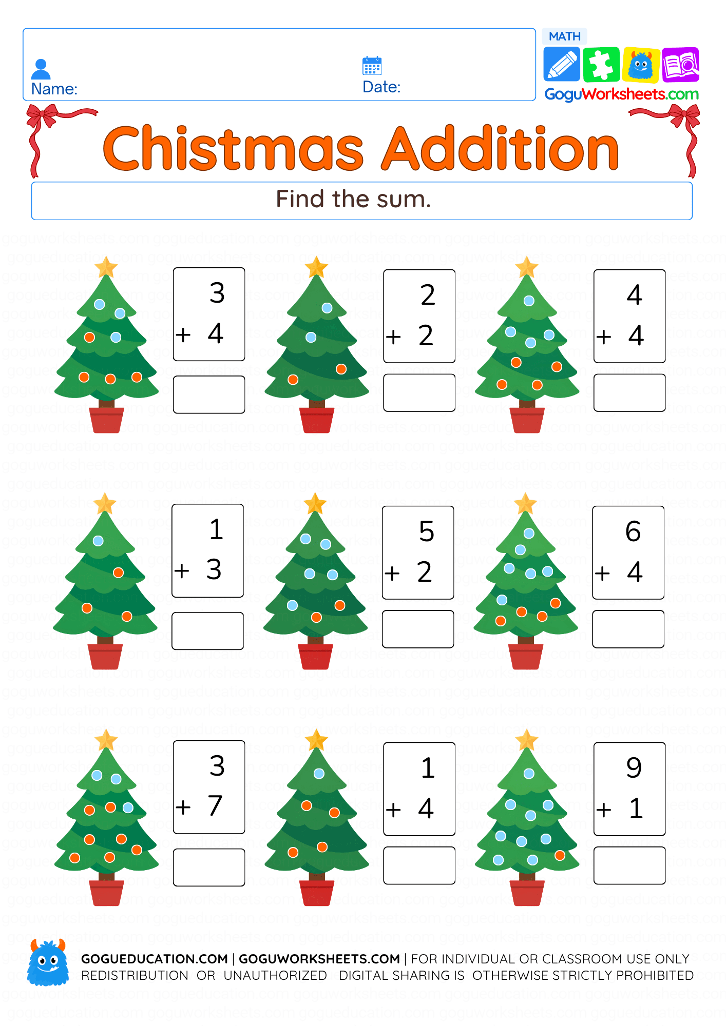 Download Christmas Worksheet Addition to 10 worksheet preview