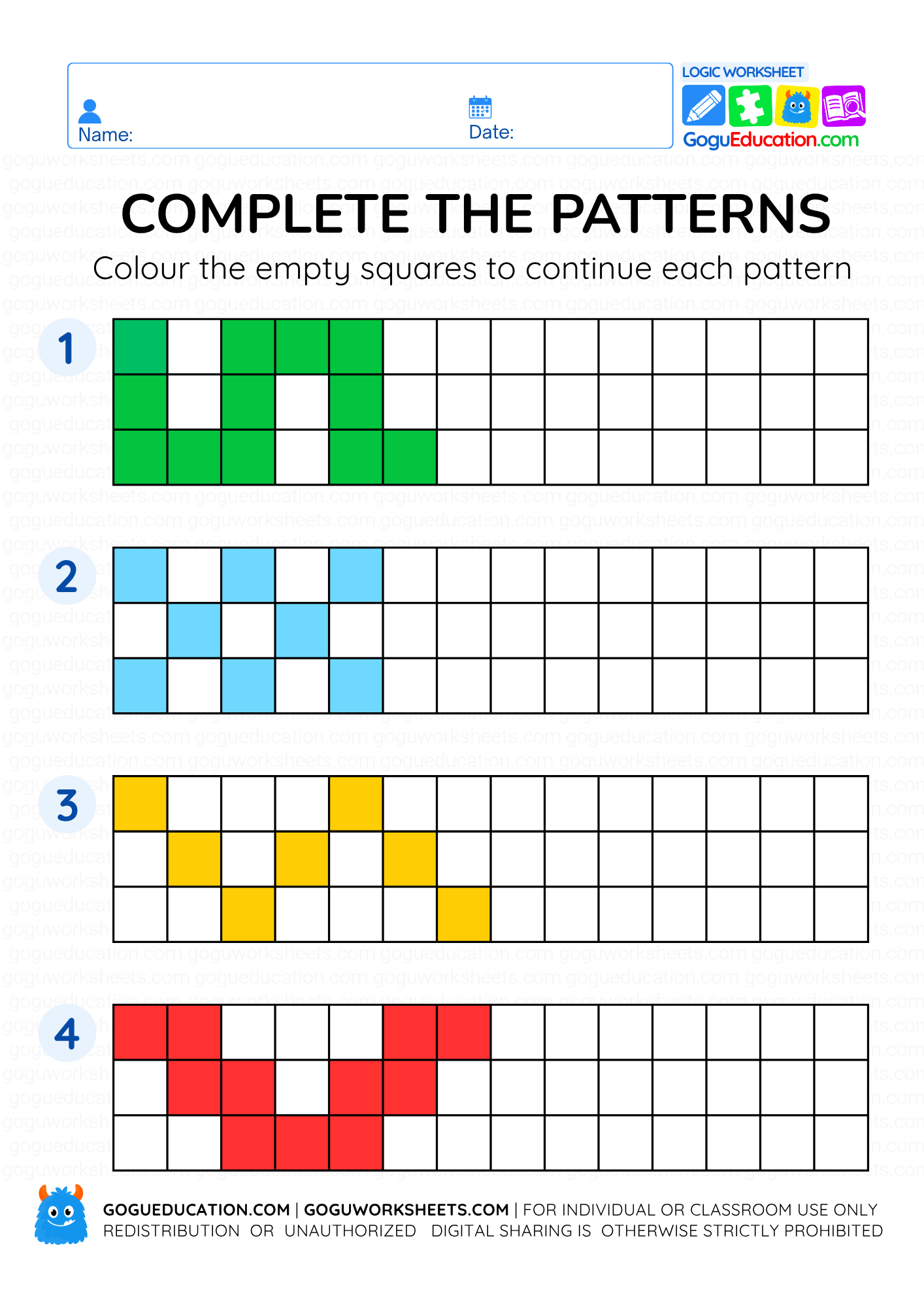 Complete the Patterns Worksheet – Free Printable PDF worksheet preview