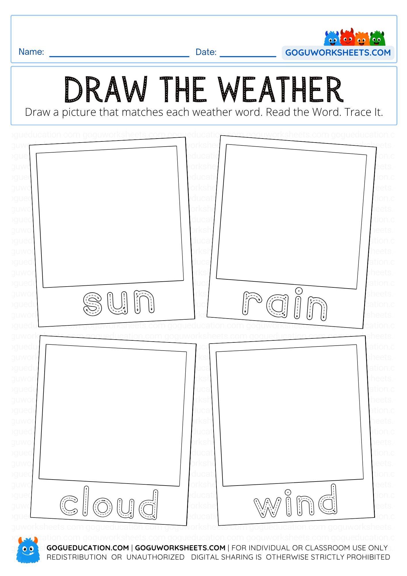 Draw the Weather Worksheet for Kids | Read, Trace and Draw Weather Words