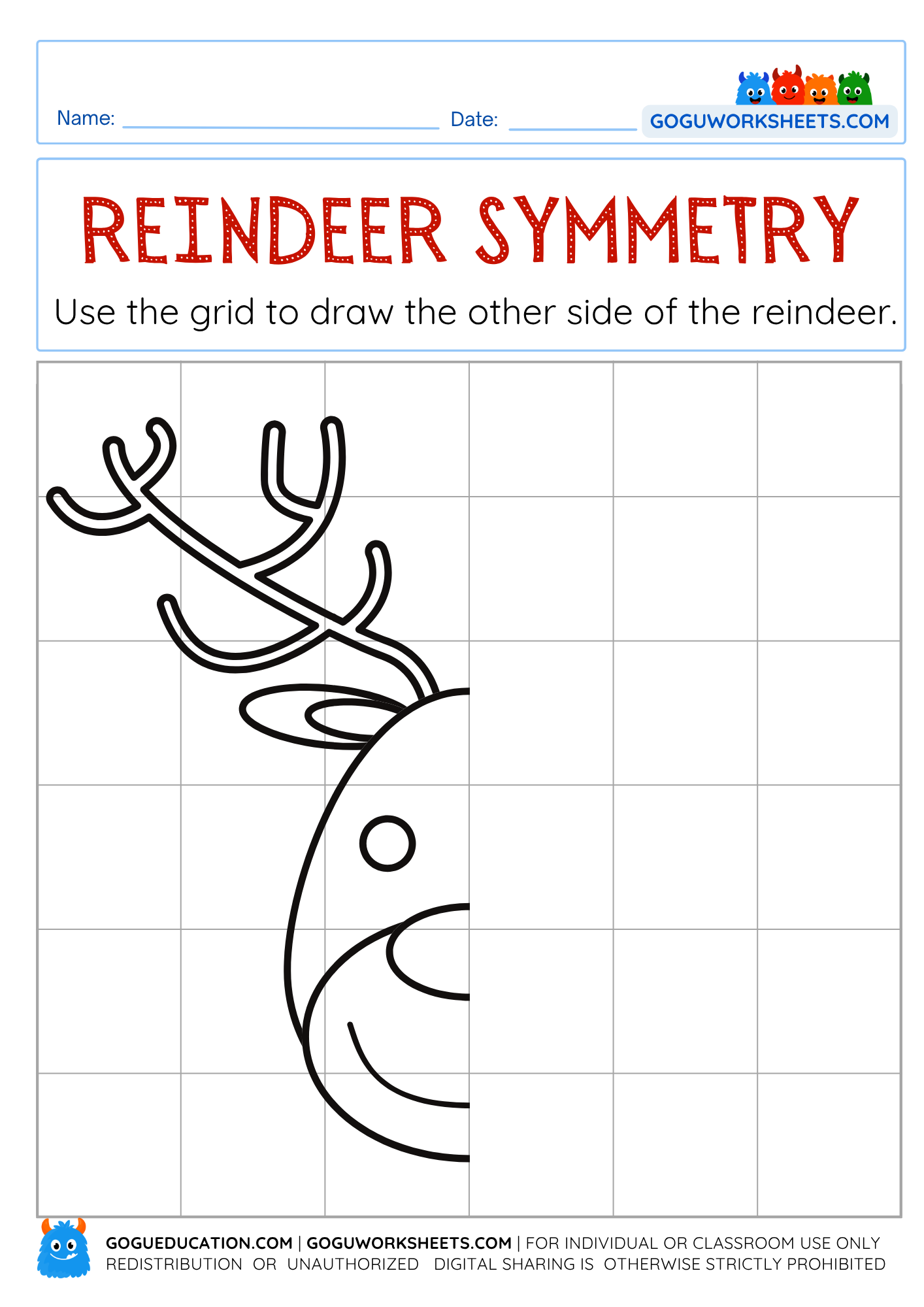 Printable symmetry drawing worksheet where children use a grid to complete the missing half of a Christmas reindeer.