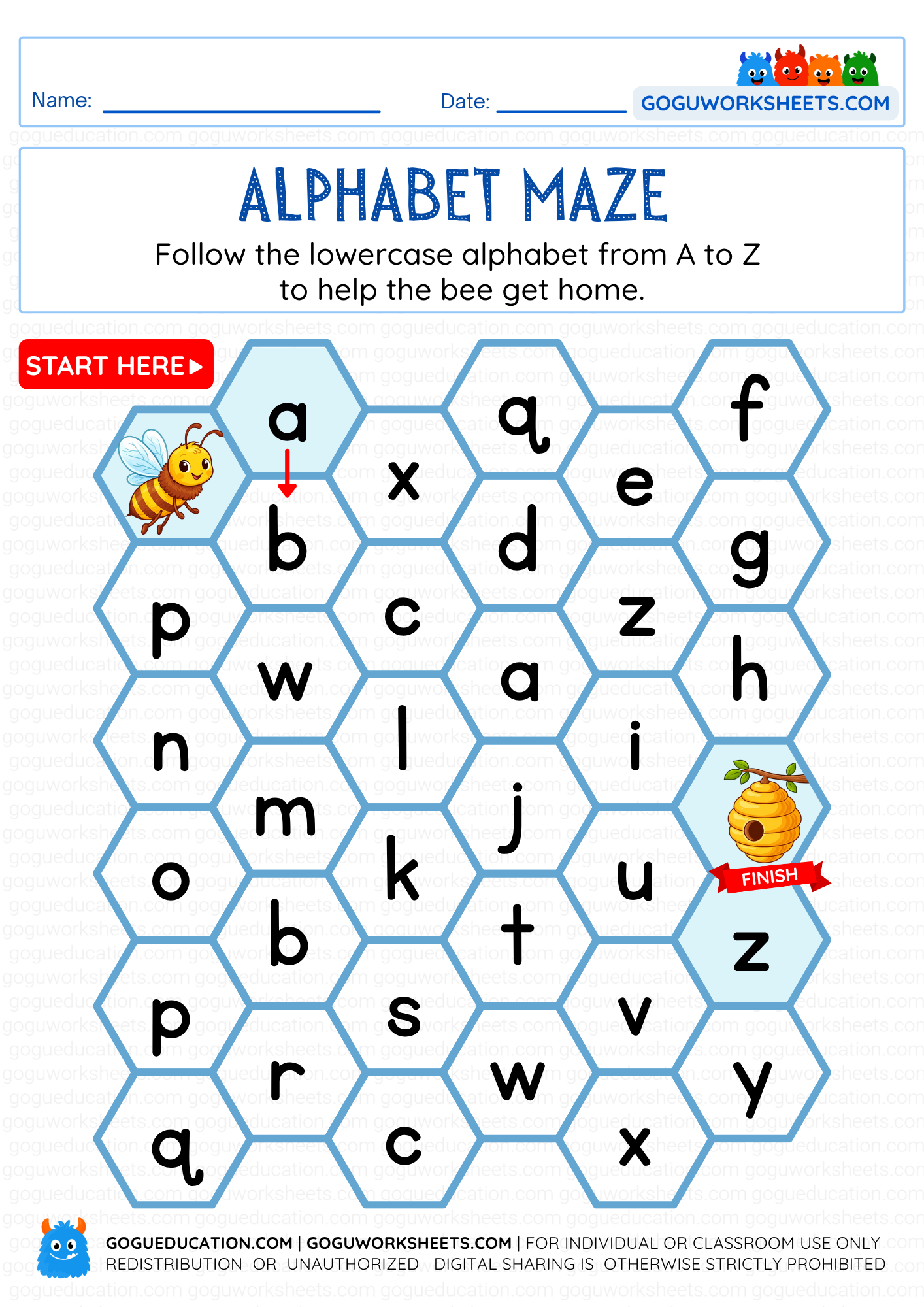 Printable alphabet maze worksheet with honeycomb letters where children follow lowercase A to Z to help the bee reach the hive.