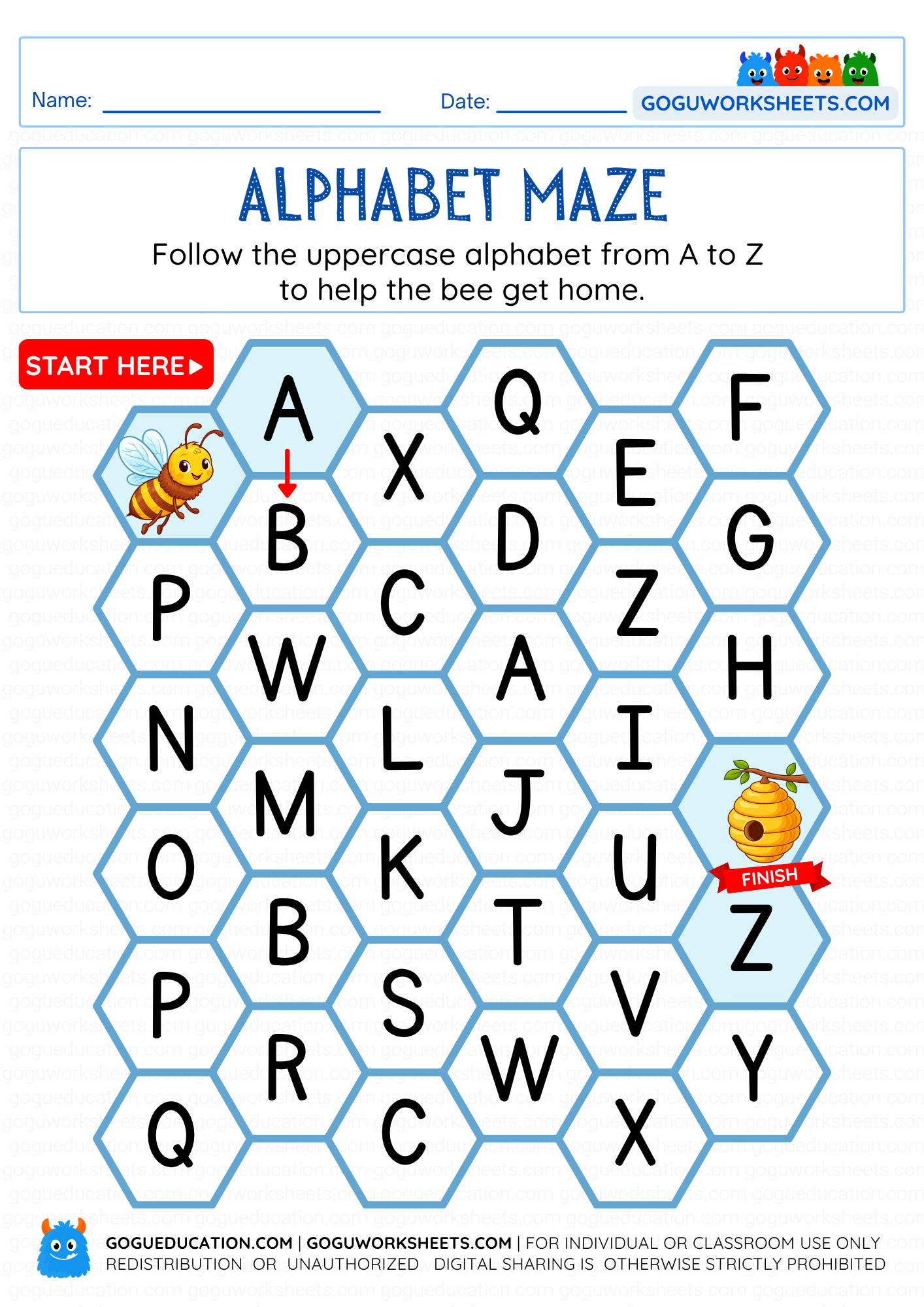 Printable alphabet maze worksheet with honeycomb letters where children follow uppercase A to Z to help the bee reach the hive.
