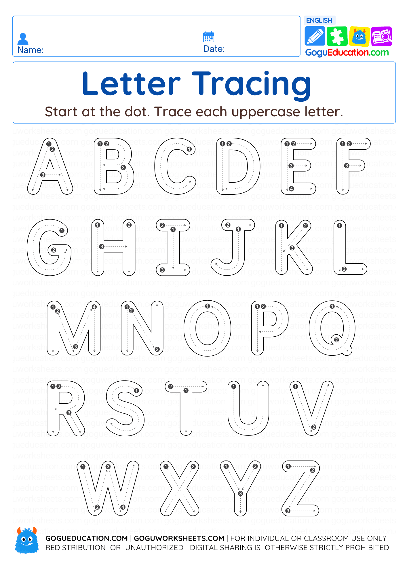 Printable English letter tracing worksheet for preschool and kindergarten children
