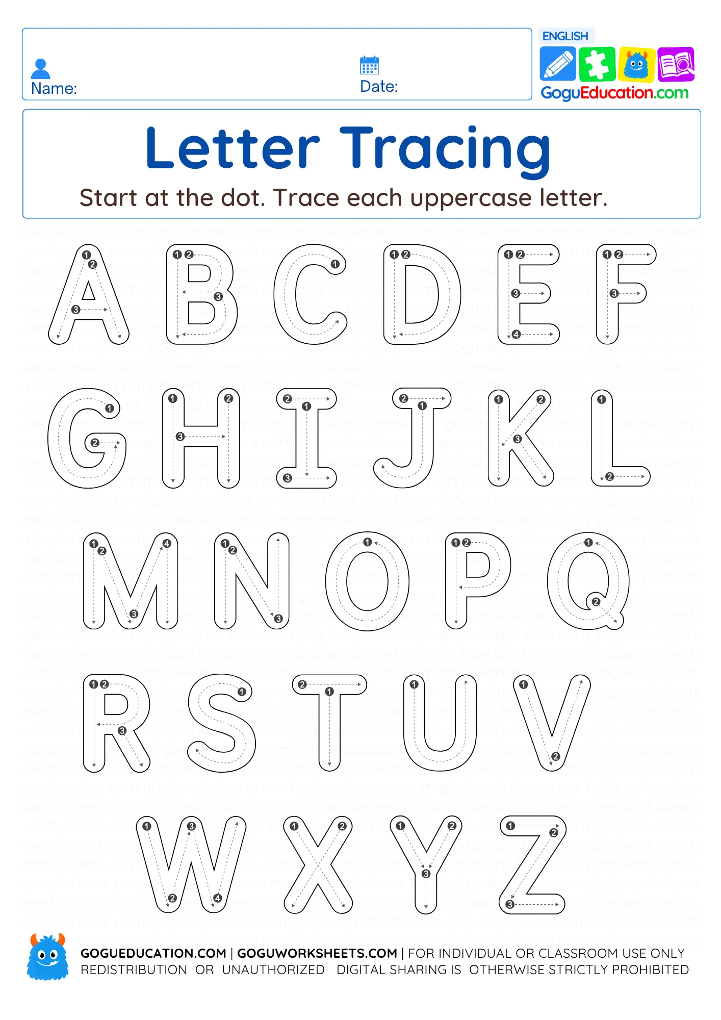 English Letter Tracing Worksheet A-Z worksheet preview
