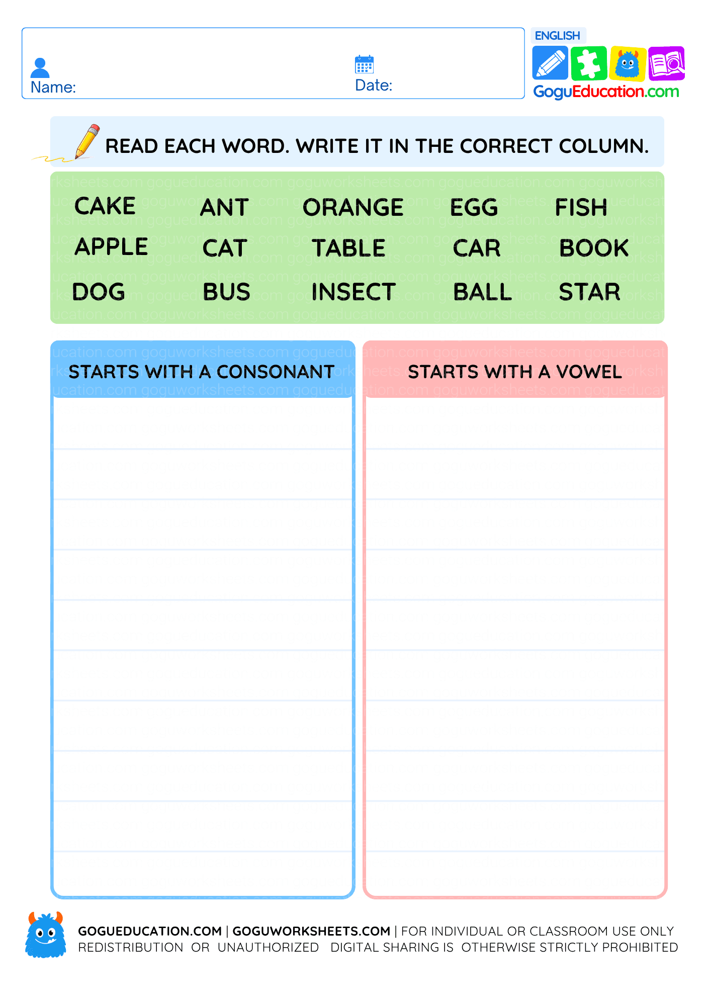 Printable English consonant and vowel words worksheet for children