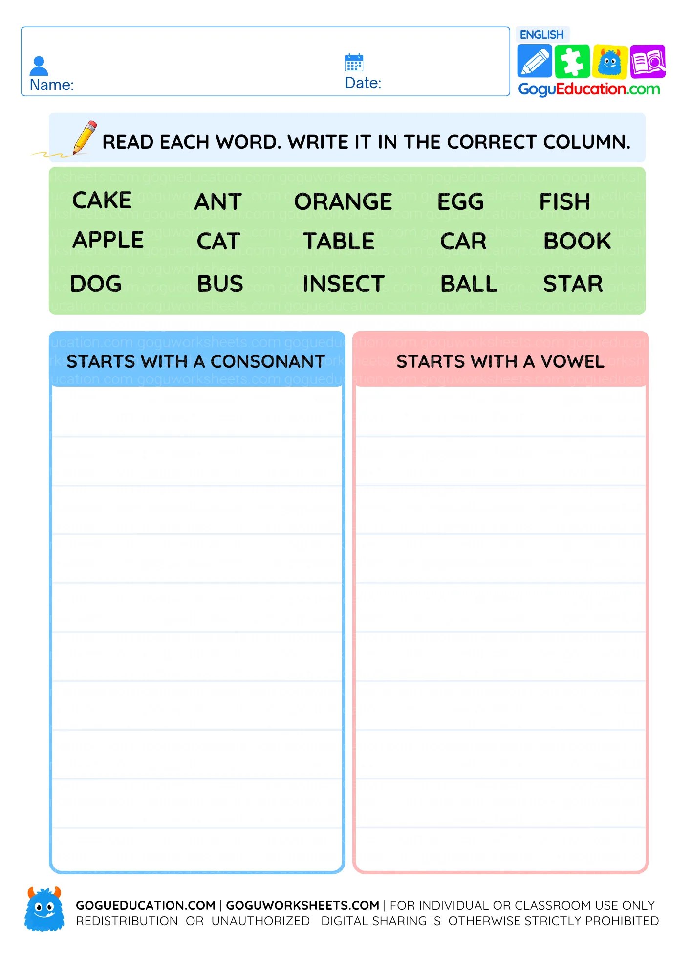 Words Starts with a Vowel or Consonant Worksheet worksheet preview