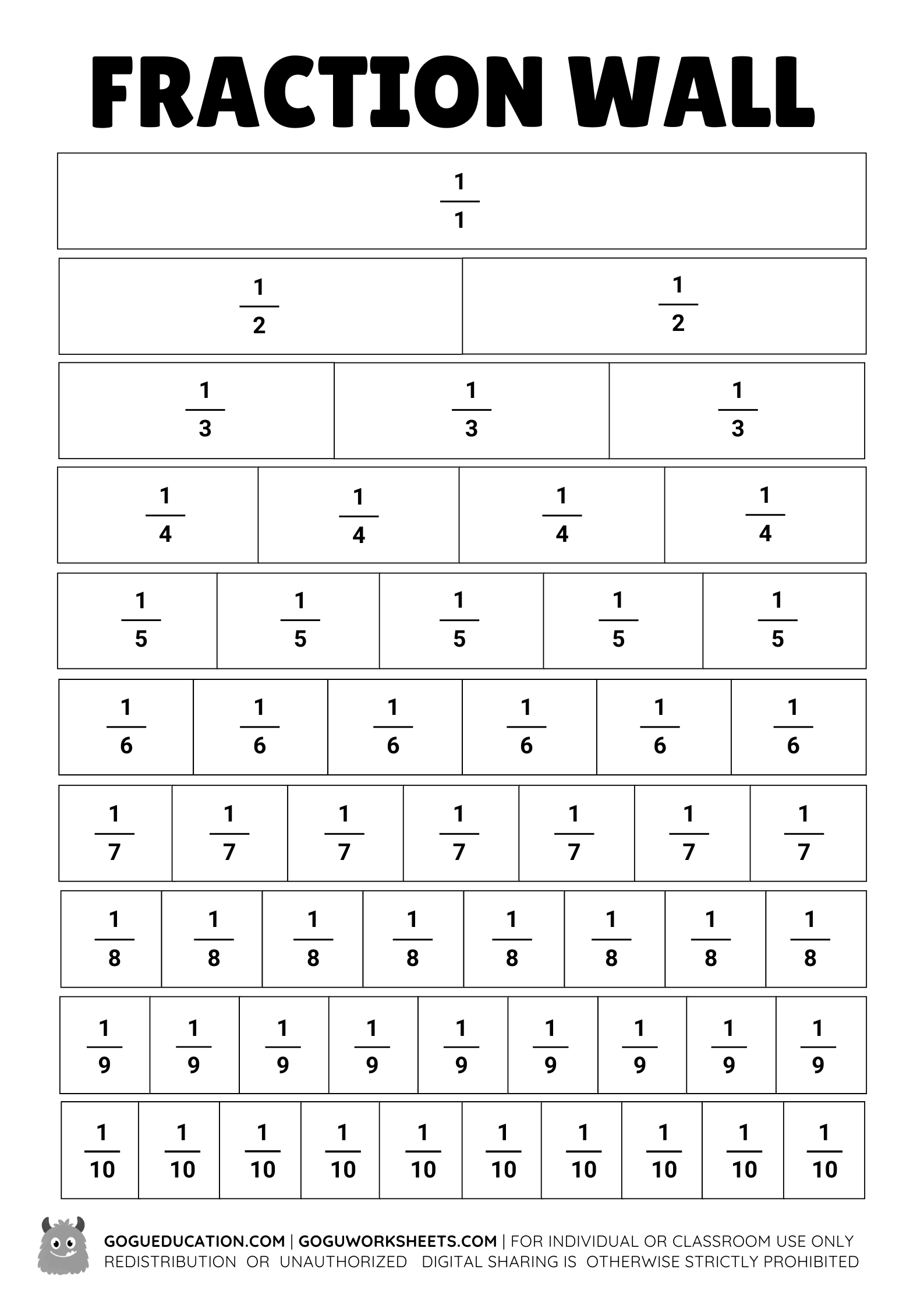 Printable Fraction Wall Worksheet | Black & White Math Poster