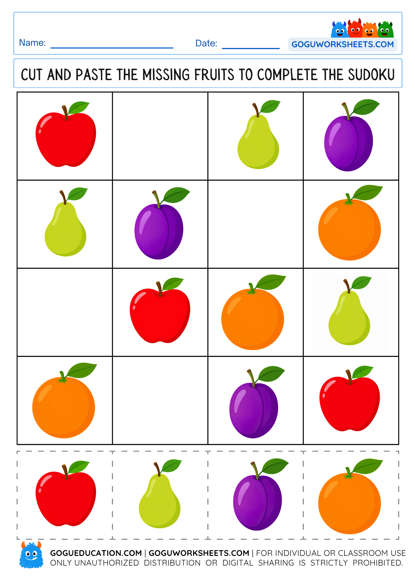 A fruit-themed Sudoku worksheet where children cut and paste apples, pears, plums, and oranges into the empty spaces to complete the puzzle. Perfect for developing early logic and reasoning skills.