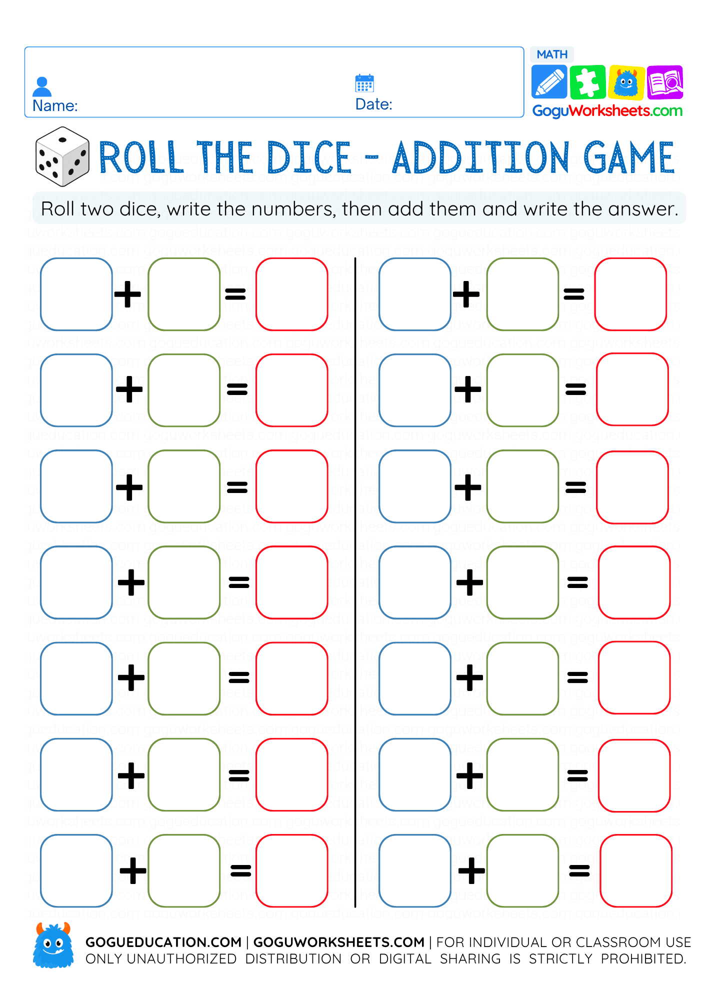 Download: Math Worksheet Roll the Dice Addition Game worksheet preview