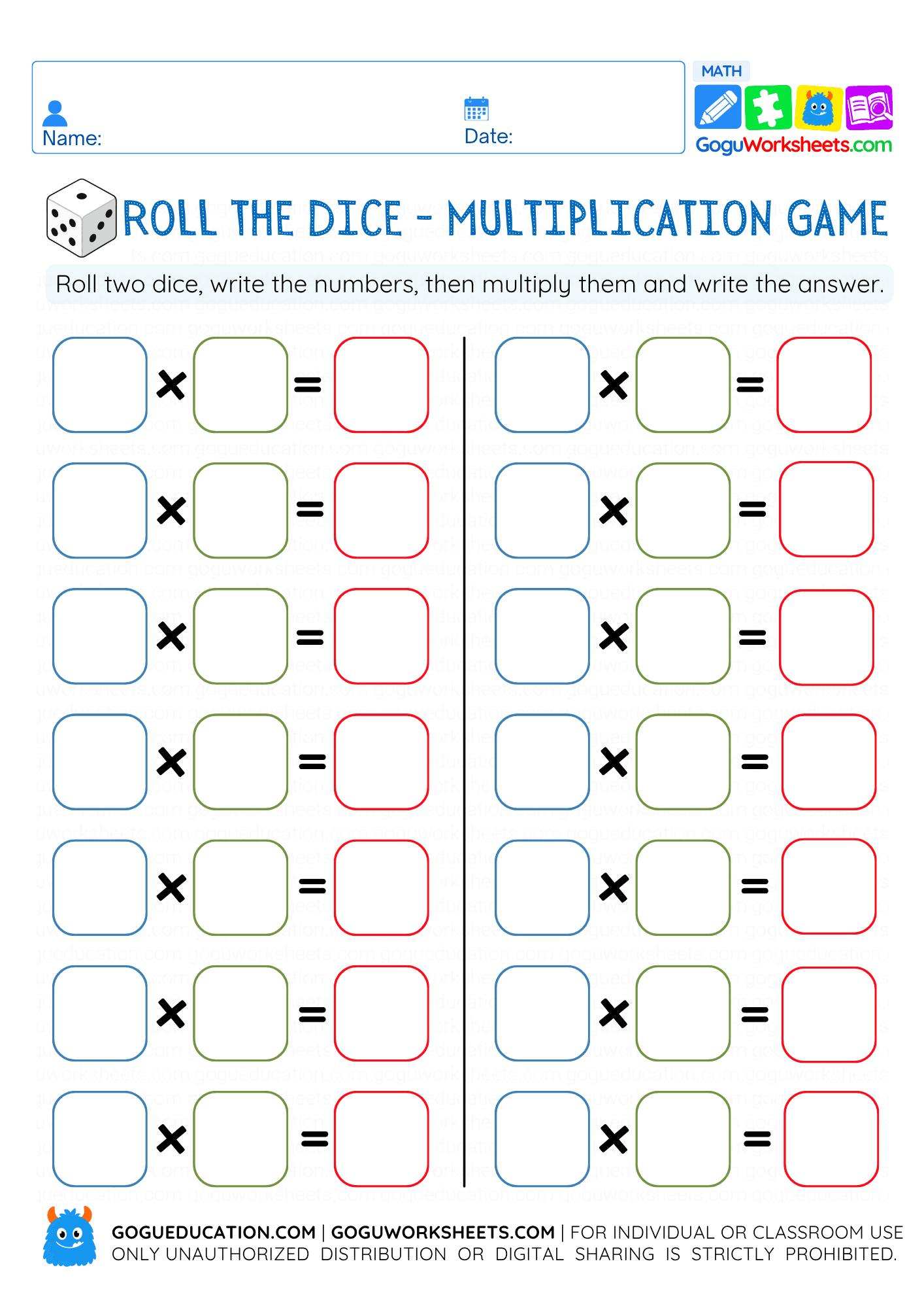 Download: Math Roll the Dice Multiplication Game worksheet preview