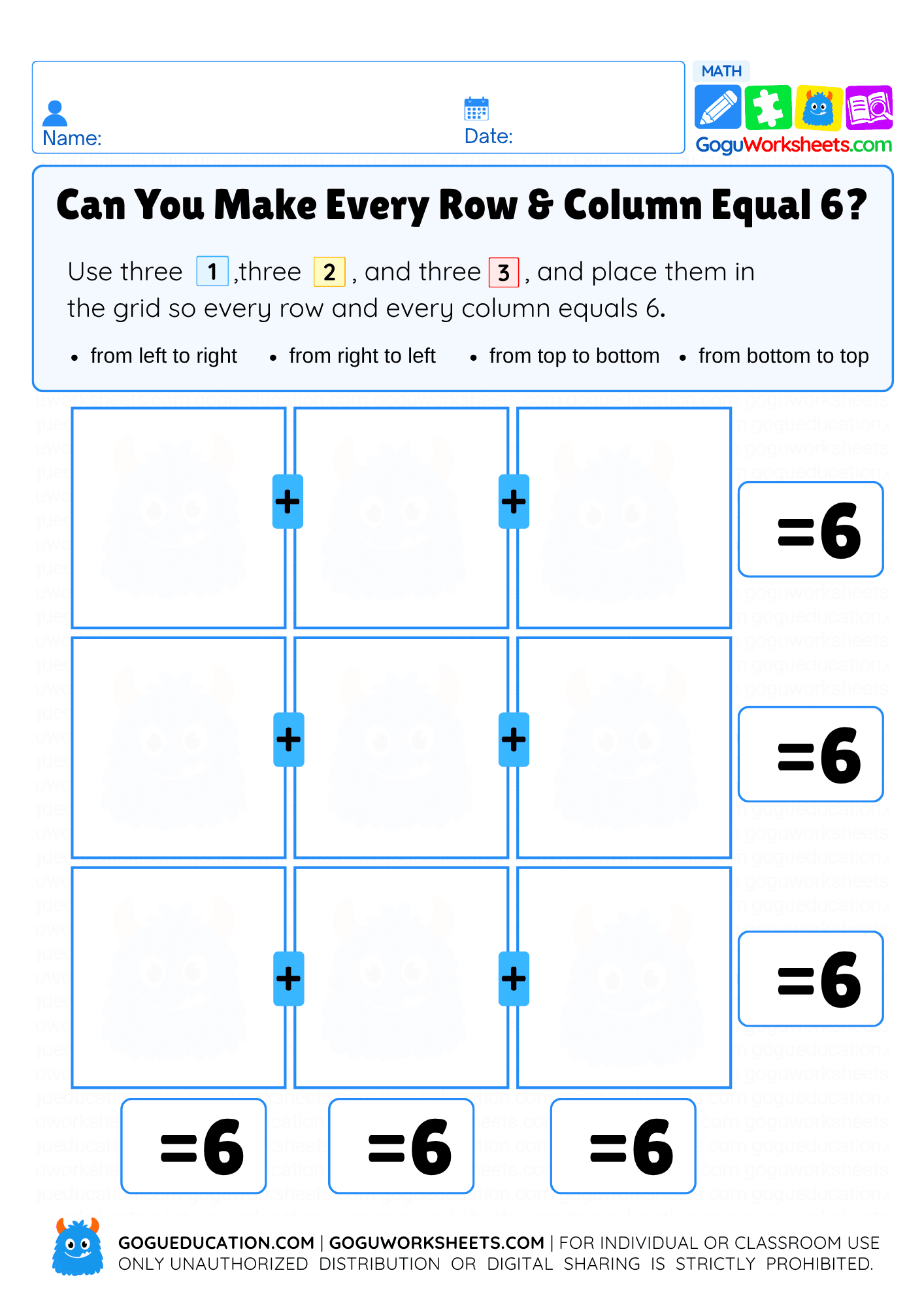 Make Every Row Equal 6 worksheet preview
