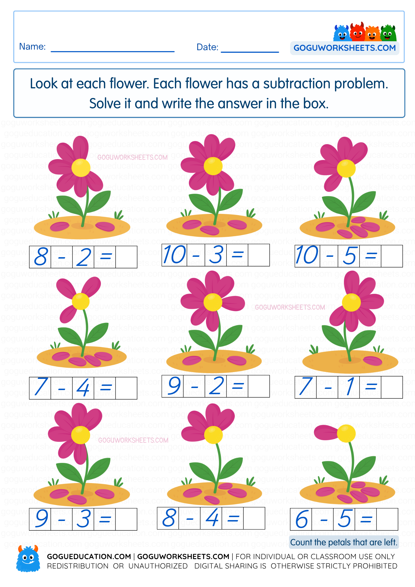 Flower Subtraction – Count the Petals worksheet preview