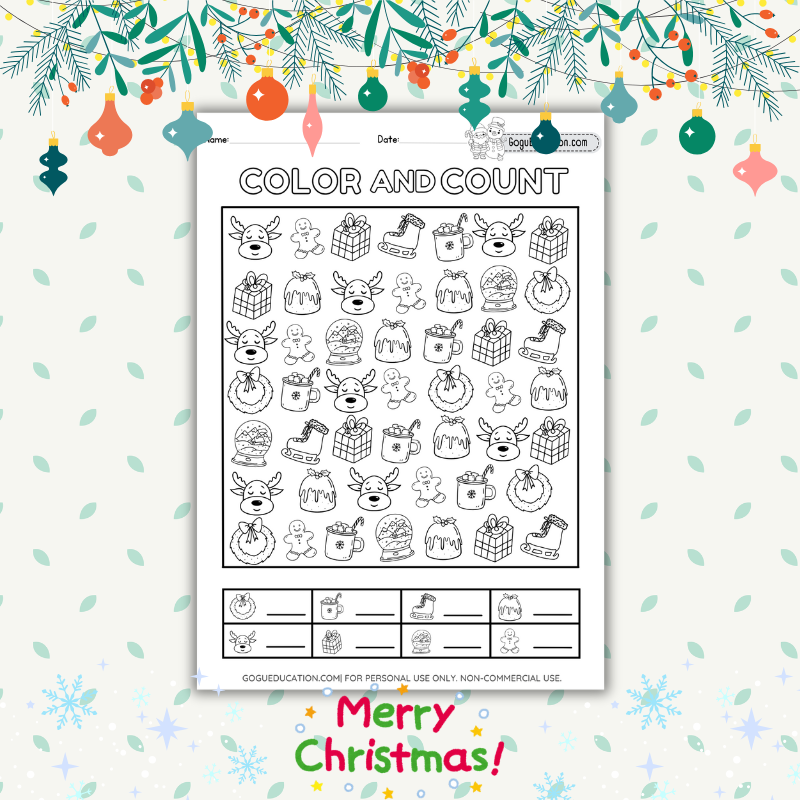 Christmas Math Counting Coloring Worksheet
