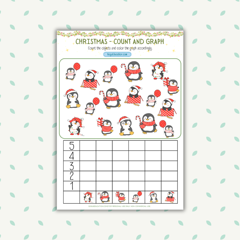 Christmas Penguins Count and Graph Printable Worksheet