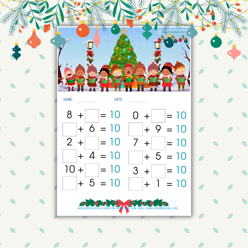 Christmas Worksheet Addition to 10 Mathematics Gogu Education