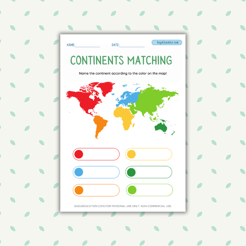 Geography Continents Matching Worksheet Gogu Education