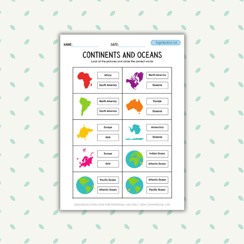 Continents and Oceans Vocabulary Worksheet Gogu Education