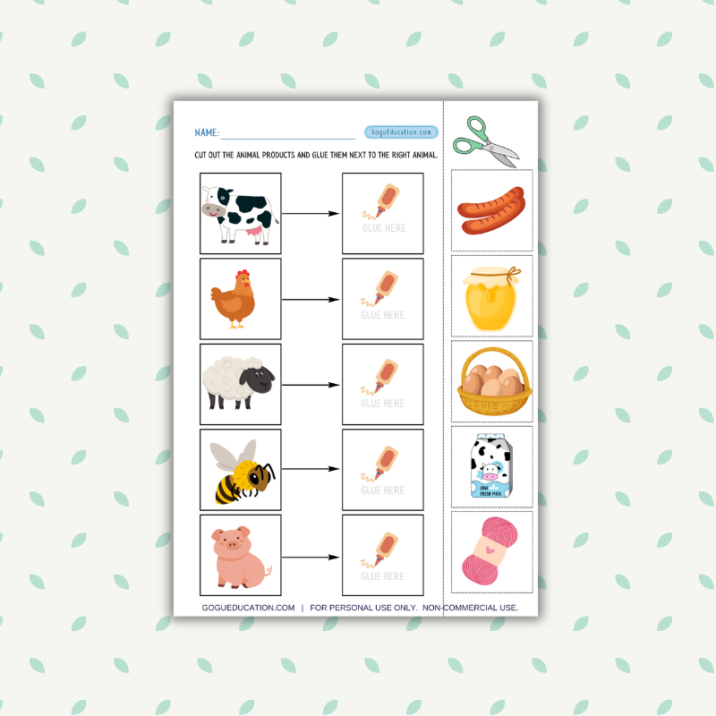 Cut and Paste Worksheets Animal and Products