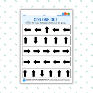Printable Odd One Out worksheet for kids featuring directional arrows for visual discrimination and spatial awareness practice