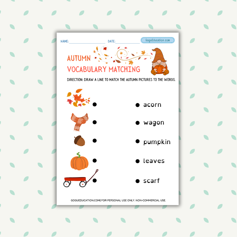 Autumn Vocabulary Matching Worksheet