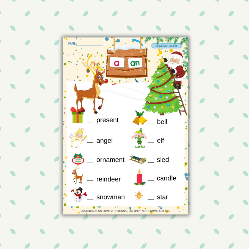 Grammar Articles Christmas Worksheet