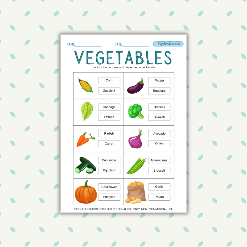 English Vegetables Vocabulary Worksheet