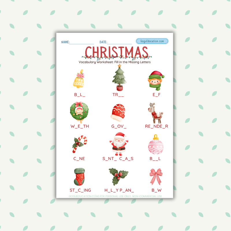 Christmas Vocabulary Missing Letters
