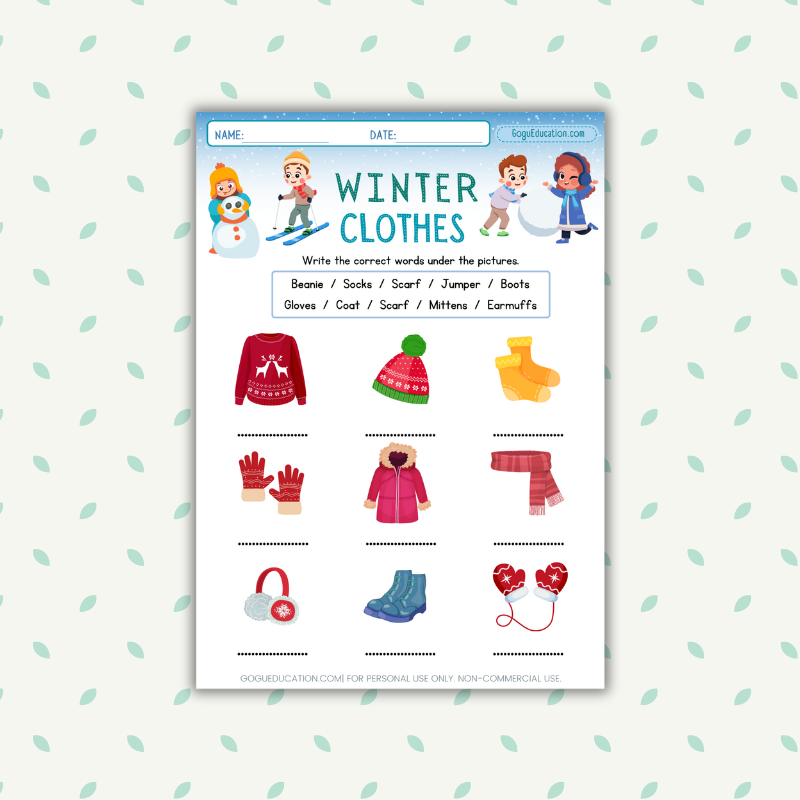 Winter Clothes Worksheet