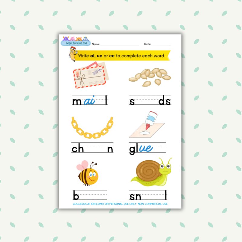 English Worksheet Write ai, ue, ee