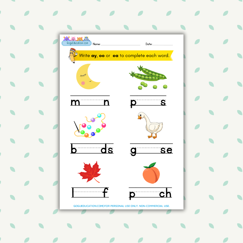 English Worksheet Write ay, oo or ea to complete each word