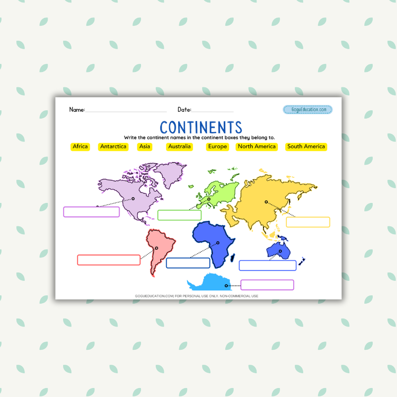 Geography Worksheet Continents