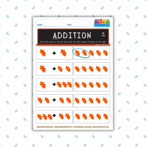 Addition Worksheet – Count and Match the Leaves