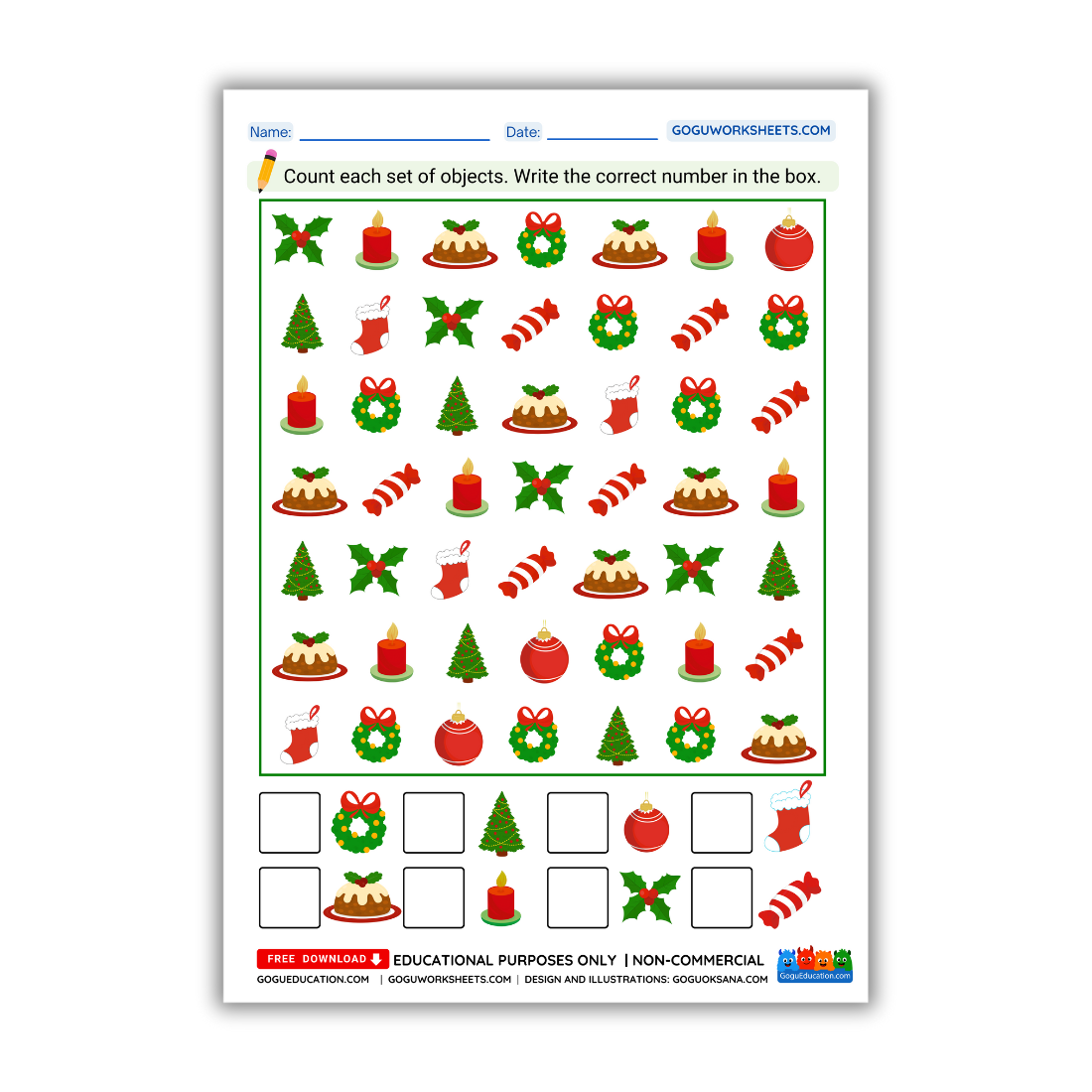 Christmas-themed 'Count and Write' math worksheet for kids featuring festive holiday objects and answer boxes.