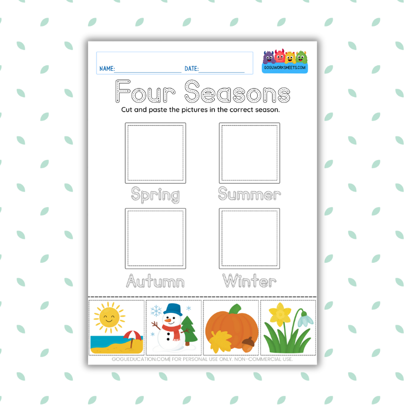 English Worksheet Cut and Paste Coloring Four Seasons Gogu Education