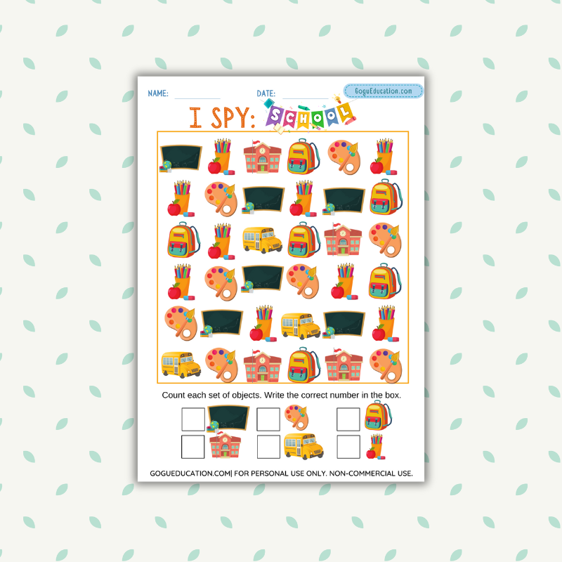 I Spy School Supplies Printable Math Counting Worksheets