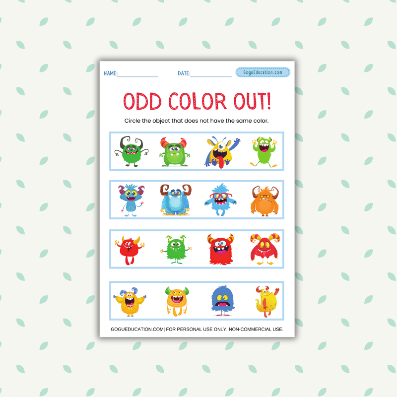 Logic Worksheet Odd color out Monsters