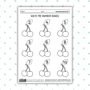 A math worksheet featuring pairs of cherries with numbers on leaves (2, 4, 5, 3, 6, 8, 7, 9, 10) for practicing number bonds and decomposition
