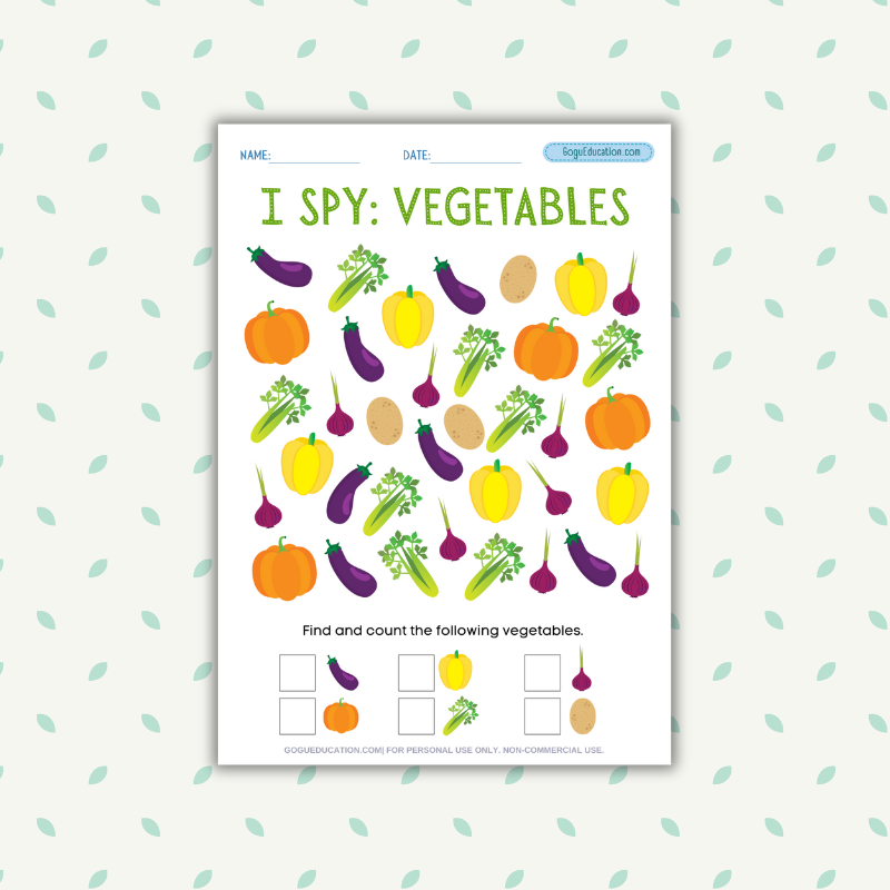 I Spy Worksheets: Vegetables Math Counting Worksheet for Kids