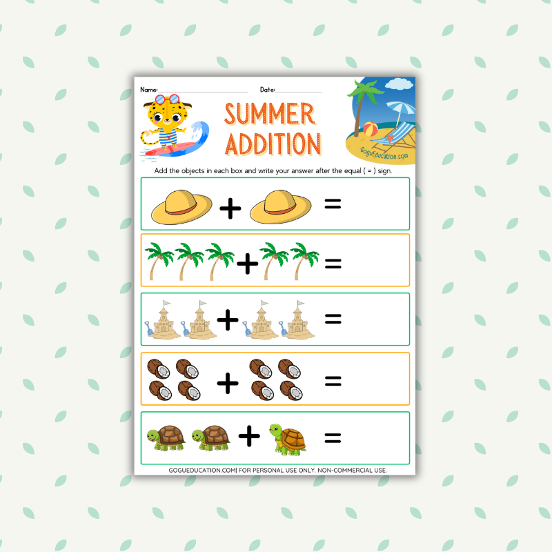 Math Summer Addition Worksheet Gogu Education