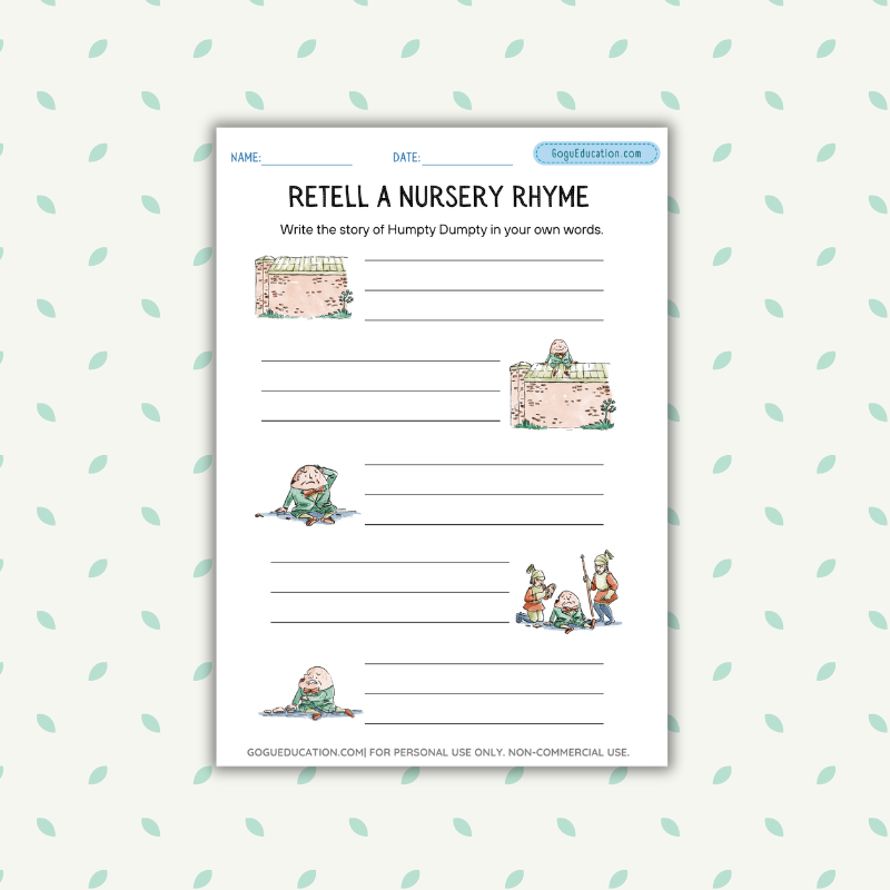 Retell a nursery rhyme Humpty Dumpty Worksheet Gogu Education