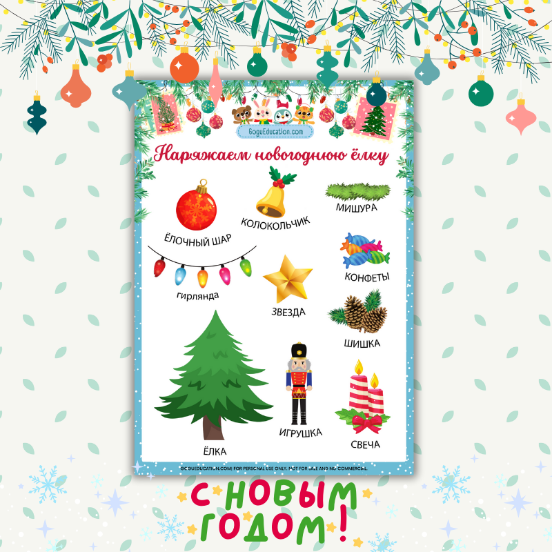 Russian Vocabulary Christmas Tree Decorations Printable Poster Russian Наряжаем новогоднюю ёлку