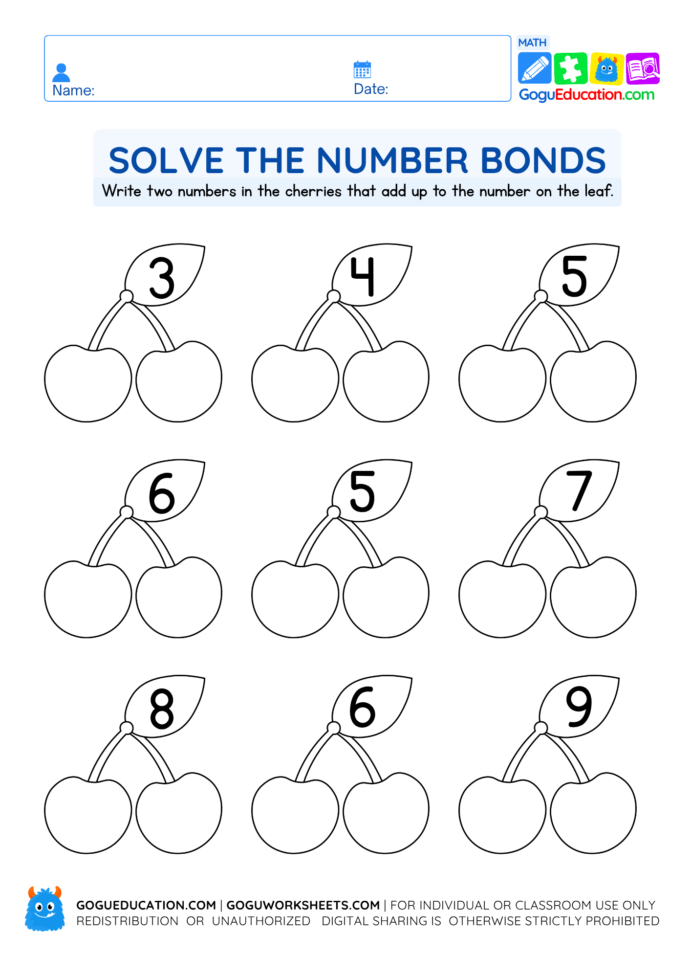 Solve the Number Bonds Worksheet worksheet preview
