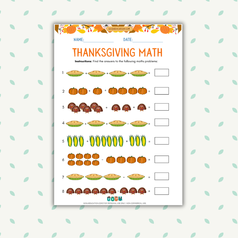 Thanksgiving Kindergarten Math Worksheet