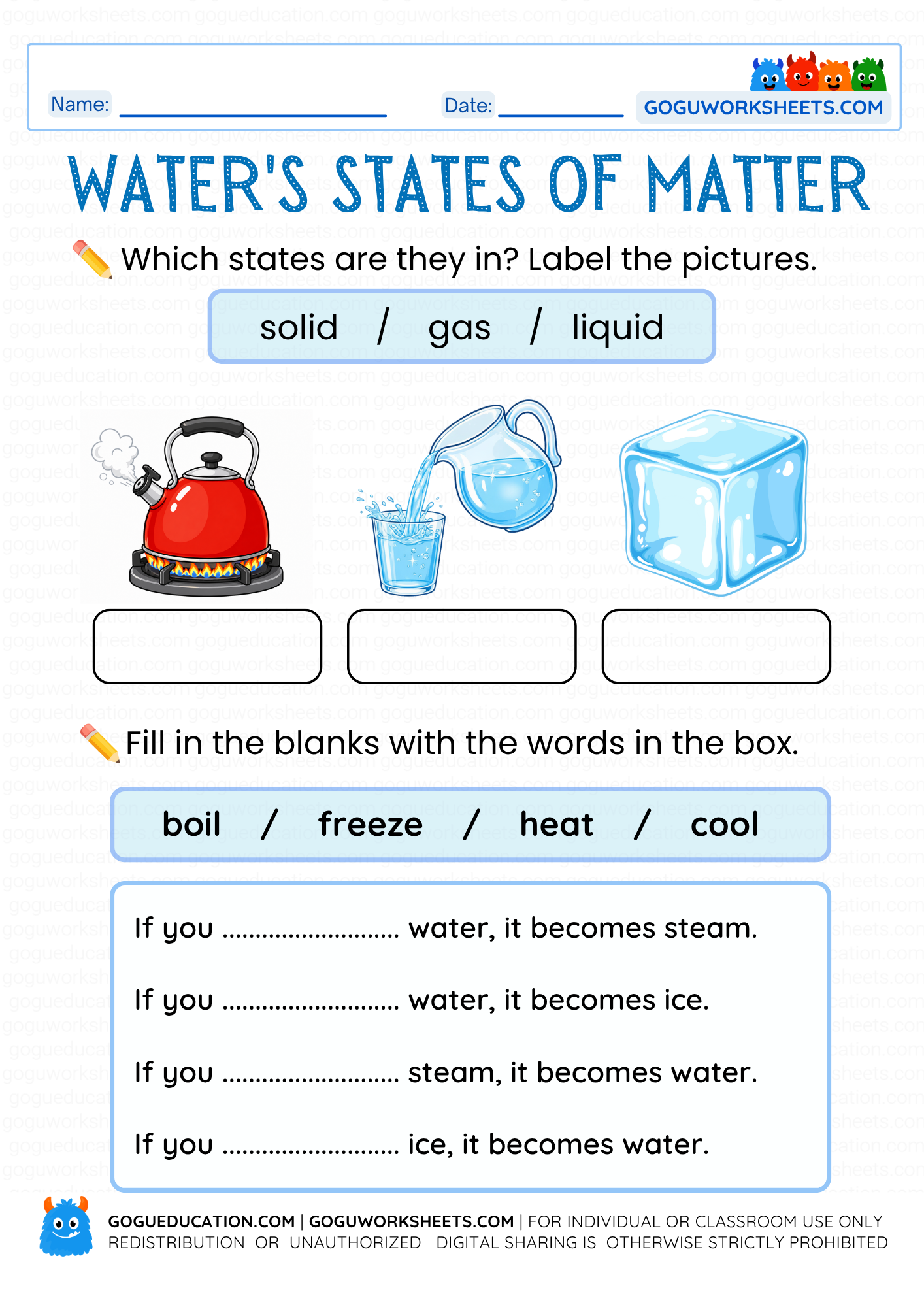 Water H2O State-of-matter worksheet preview