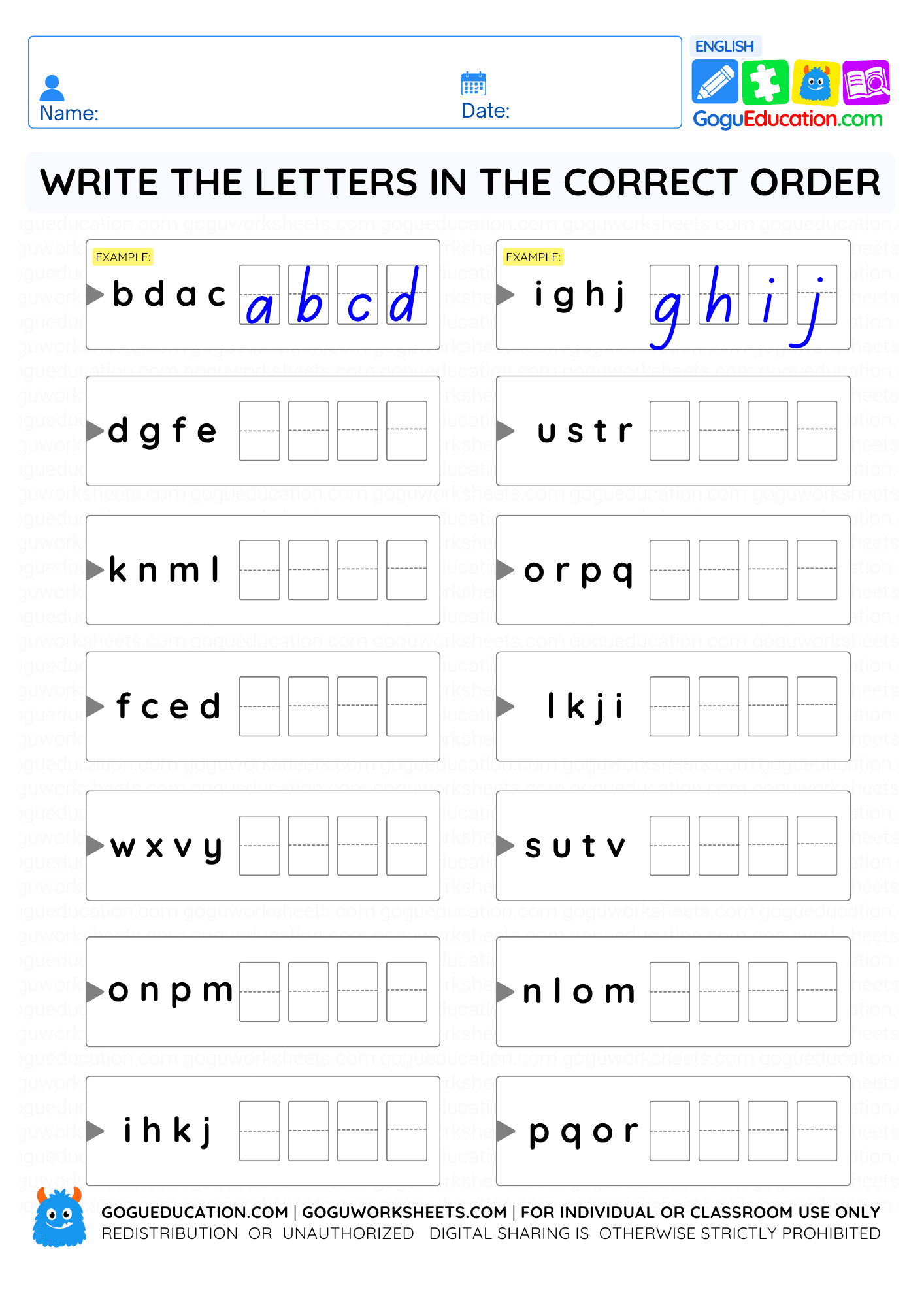 Printable A to Z correct order worksheet for children to write English letters