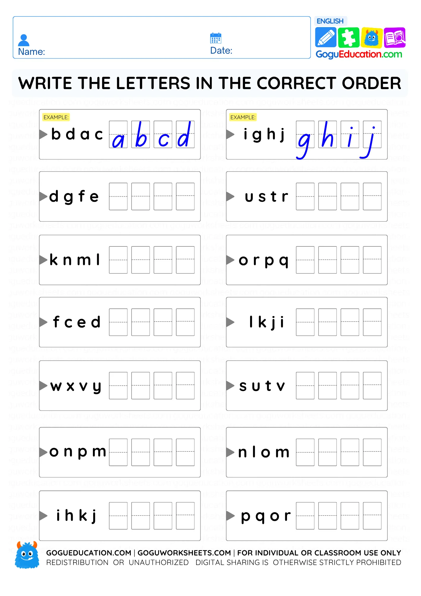 Write the Letters in the Correct Order A to Z Worksheet worksheet preview